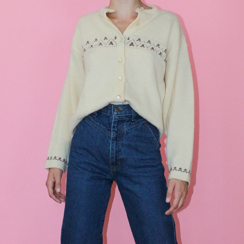 EUC Vintage Cream Wool Fair Isle Button-Up Cardigan